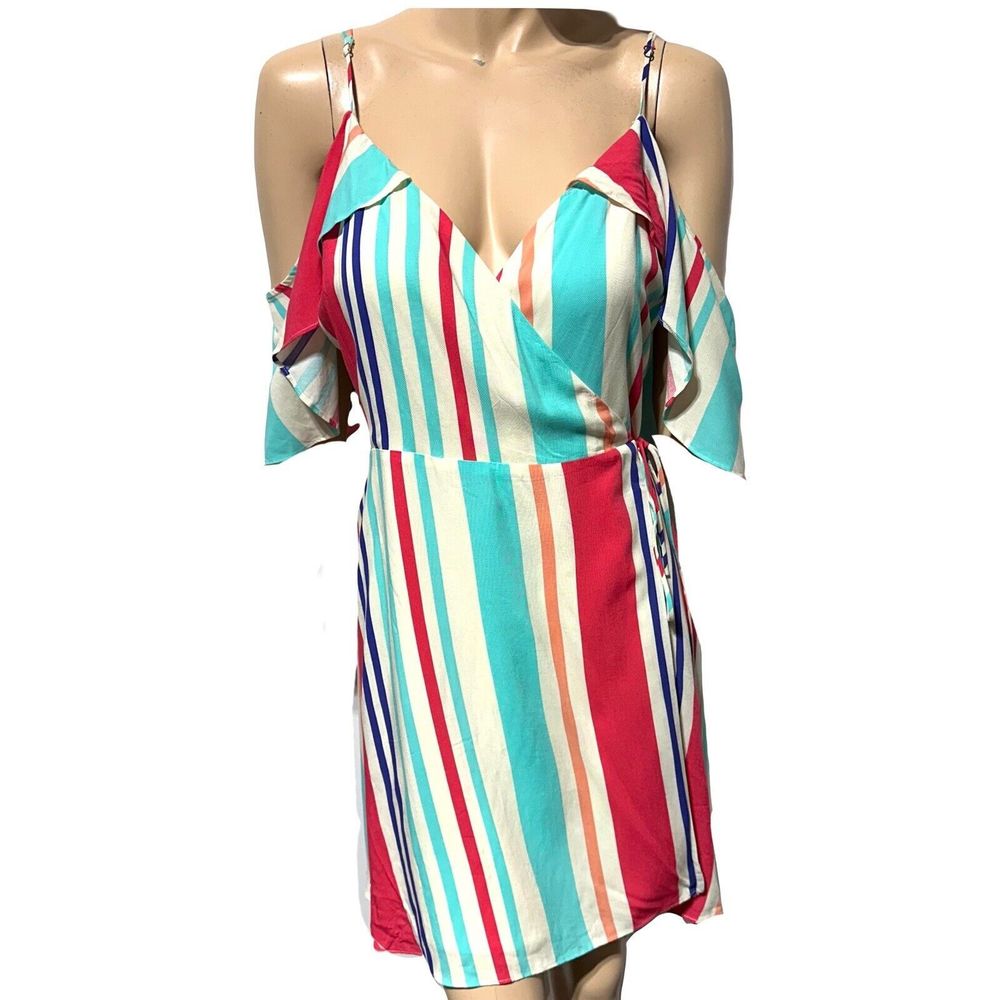 Lulus Women’s Caliente Dress Off The Shoulder True Wrap Striped Size XL NWT